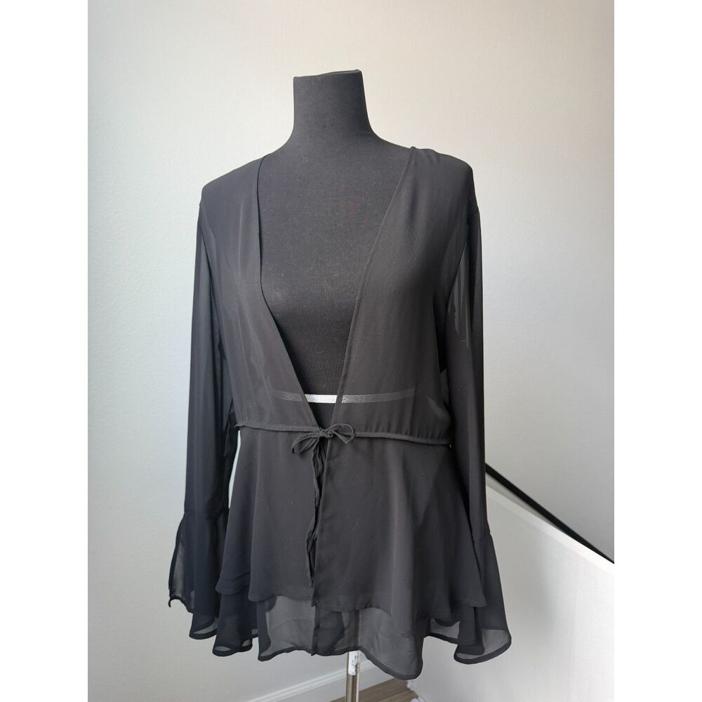 Vintage 90s Newport News Easy Style Sheer Black Mesh Bell Sleeve Cardigan